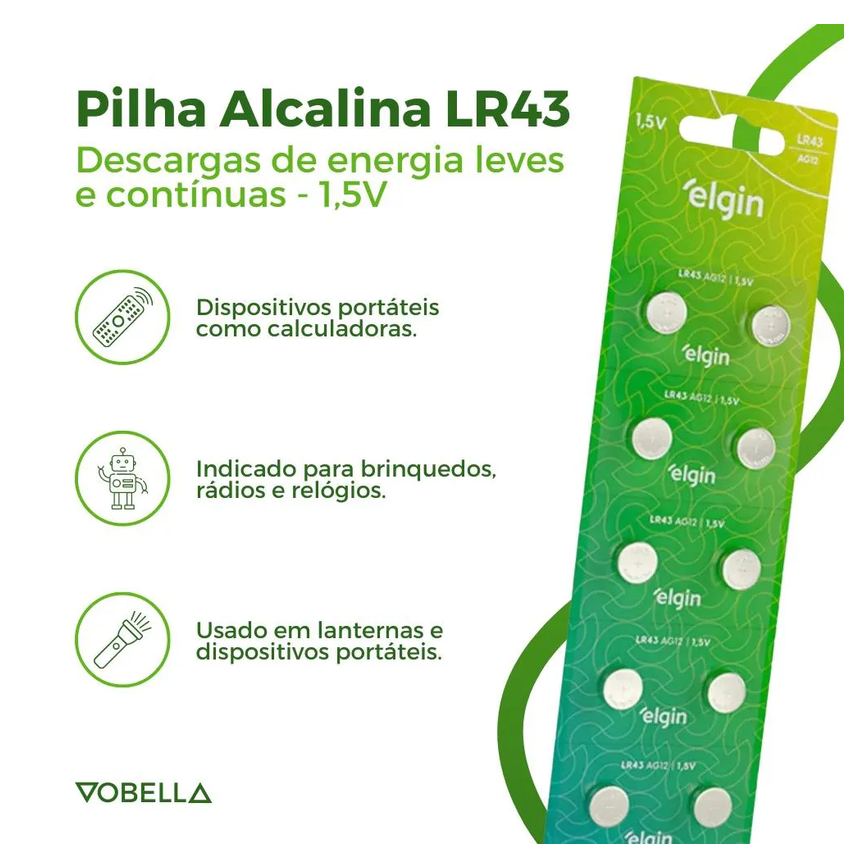 10 Baterias Pilha Botão Lr43 1,5V Ag12 1 Cartela Elgin