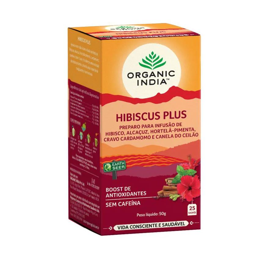 Chá Hibiscus Plus Organic India Caixa com 25 Sachês de 2 g