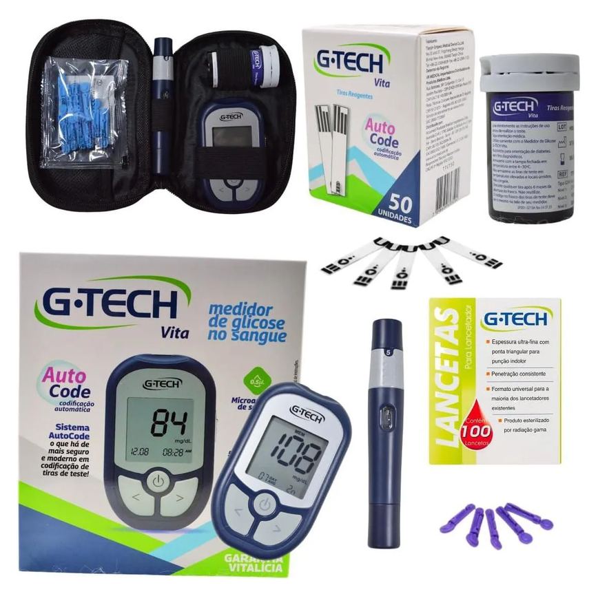 Kit Medidor de Glicose G-Tech Vita Com 60 Tiras + 110 Lancetas E Caneta Lancetadora - Glicosímetro Glicemia