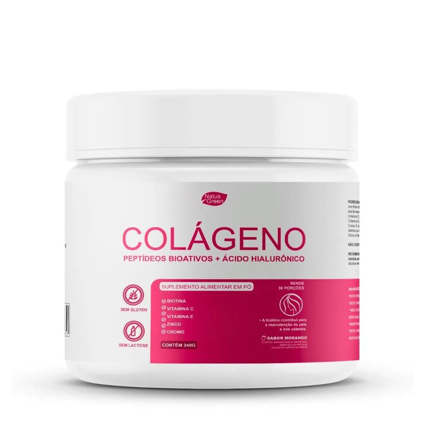 Colágeno Hidrolisado com Ácido Hialurônico 240g Sabor Morango Natus Green