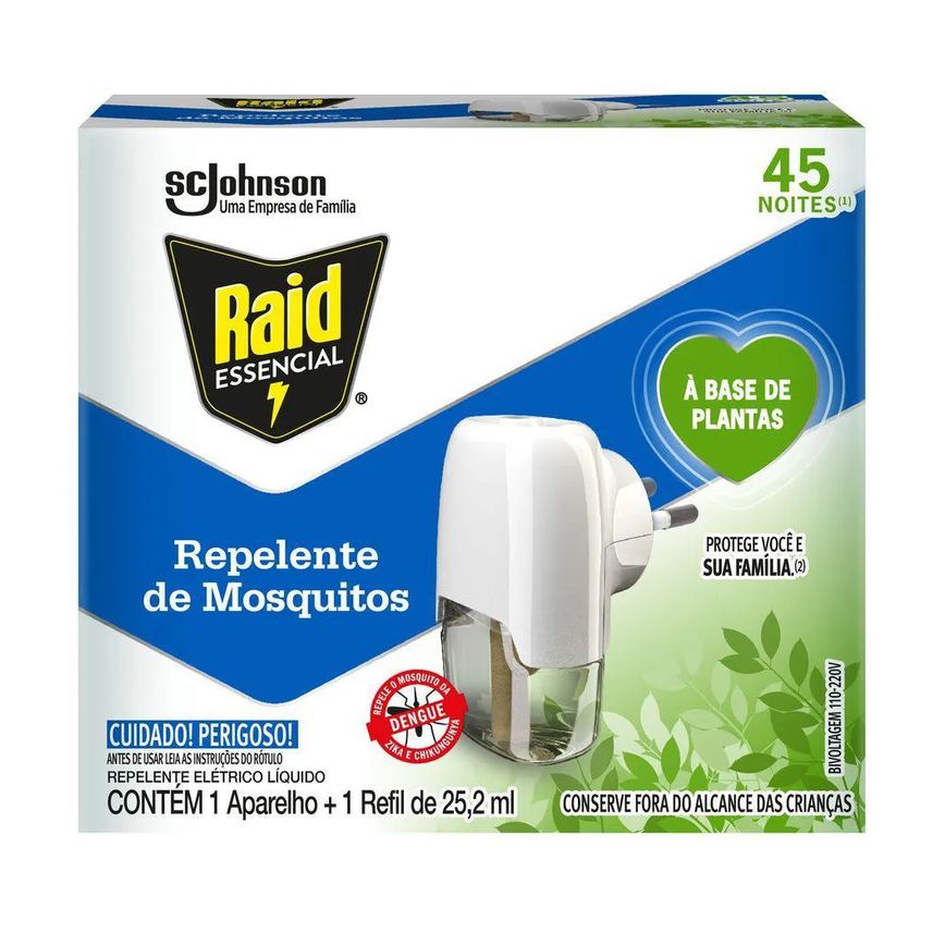 Kit Aparelho + Repelente 45 Noites Base Planta Raid 25,2ml