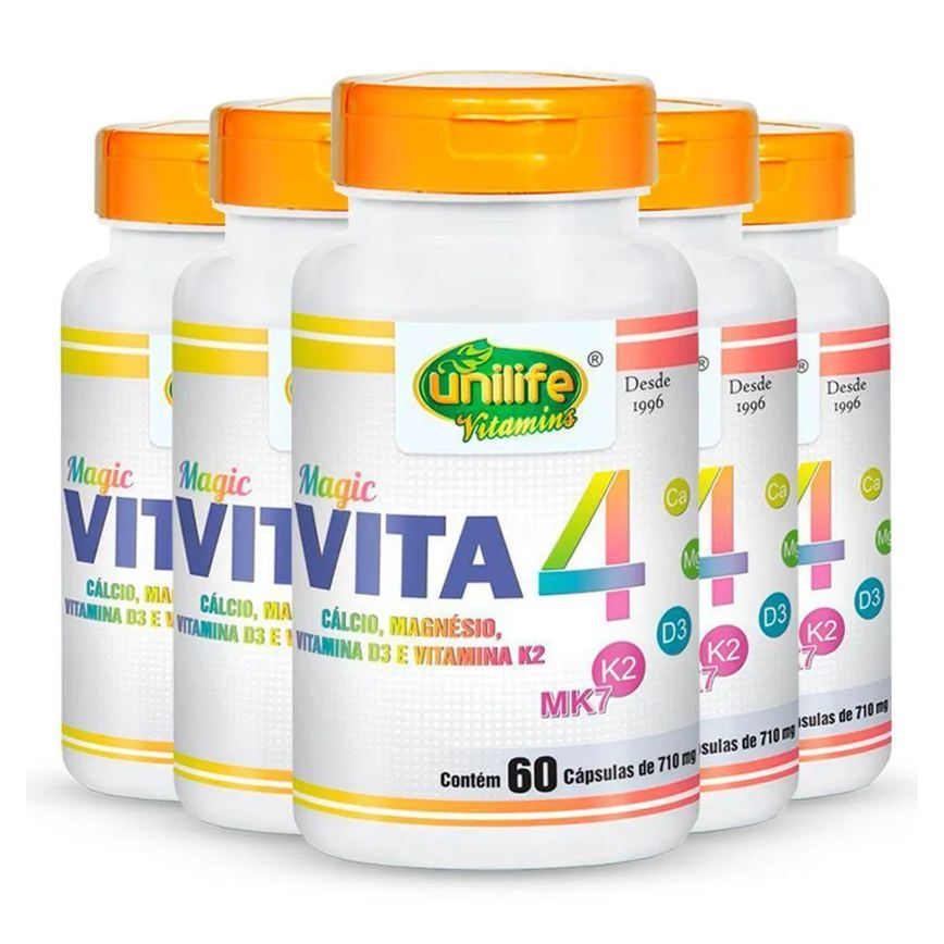 Kit 5 Vita 4 Cálcio Magnésio Vitamina D e K2 Unilife 60 Cápsulas.