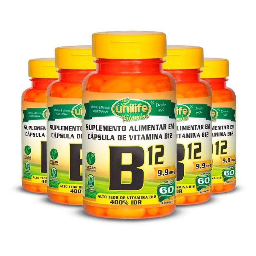 Kit 5 Vitamina B12 Cianocobalamina Unilife 60 cápsulas