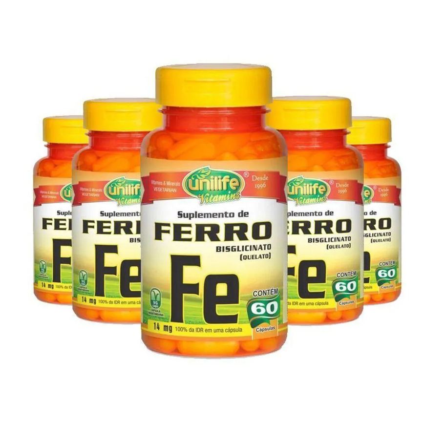 Kit 5 Ferro Quelato Fe 14mg 60 cápsulas Unilife