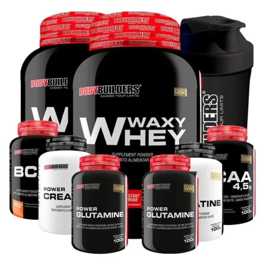 Kit 2x Waxy Whey 900g + 2x Bcaa 100g + 2x Power Creatina 100g + 2x Power Glutamina + Coq - Bodybuilders Baunilha e Morango