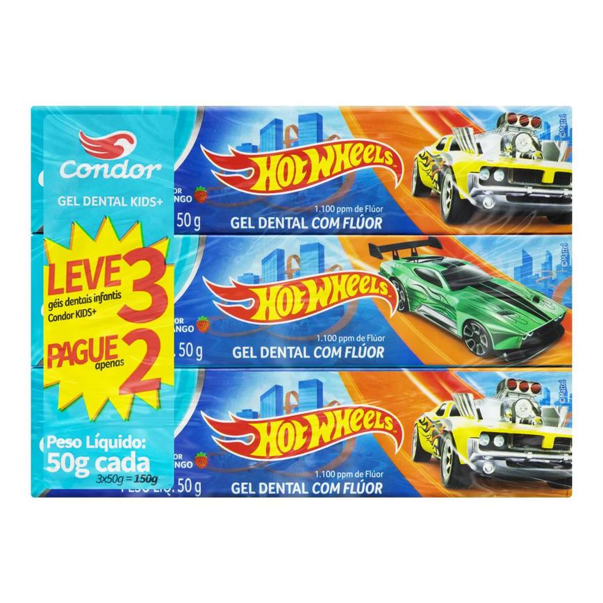 Gel Dental Condor Kids Hot Wheels Morango 50g 3 unidades