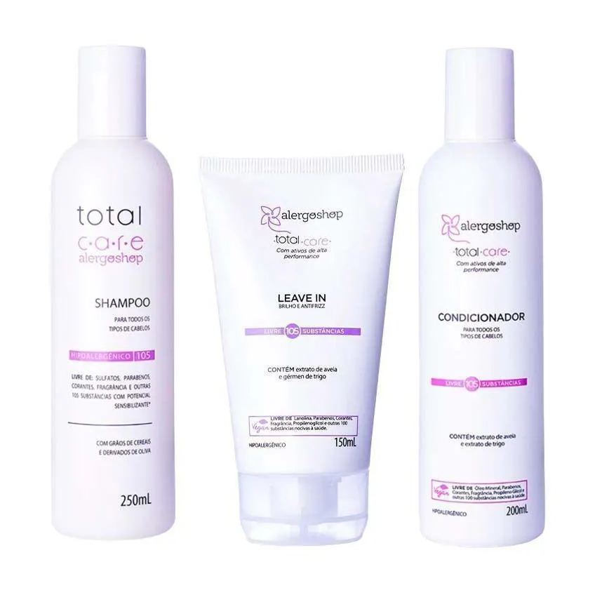 Kit Shampoo 250ml + Condicionador 200ml + Leave In Hipoalergênico Total Care Alegorshop 150ml