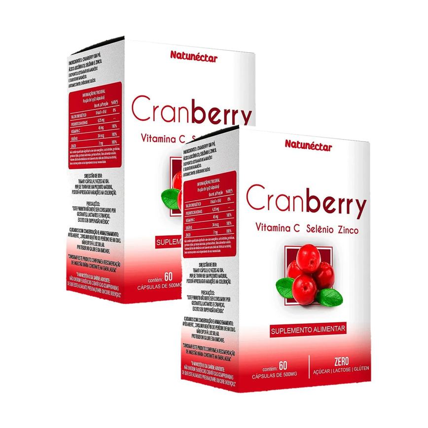 2x Cranberry + Vitamina C + Selênio + Zinco - 60 Cápsulas. 500mg