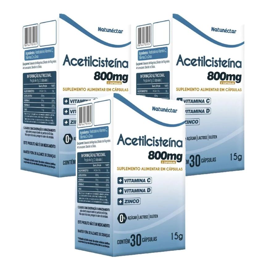 3x Acetilcisteína - Nac - 30 Cápsulas. - 800mg - Vitamina C D e Zinco