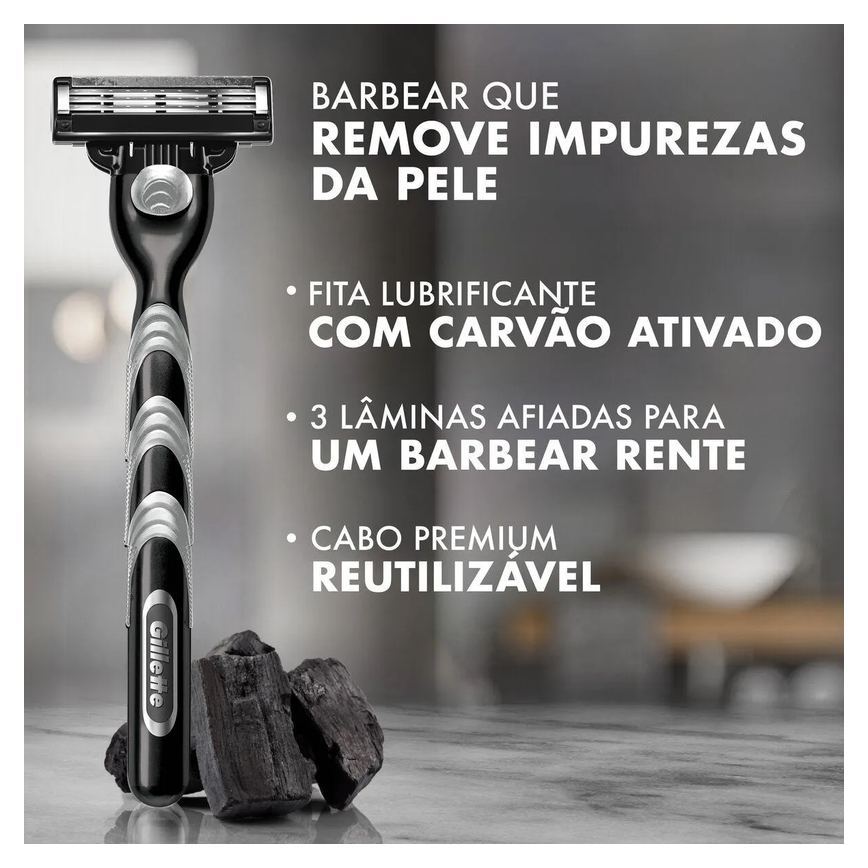 Kit Aparelho de Barbear Descartável Gillette Mach3 Carbono Carvão Ativado + 4 Refis