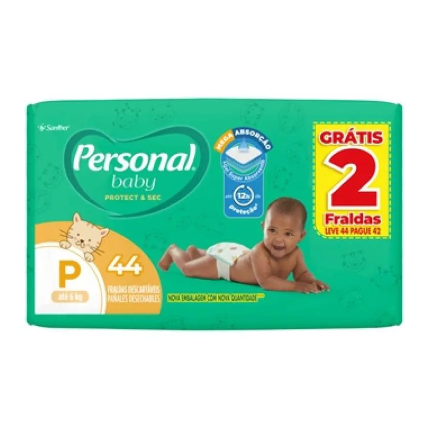 Fralda Descartável Personal Soft & Protect Mega Tamanho P - 9 Pacotes com 44 Fraldas - Total 396 Tiras