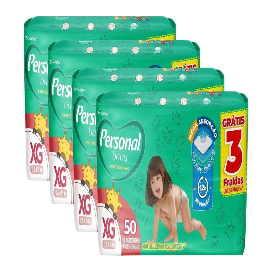 Fralda Descartável Personal Soft & Protect Hiper Tamanho Xg - 4 Pacotes com 50 Fraldas - Total 200 Tiras