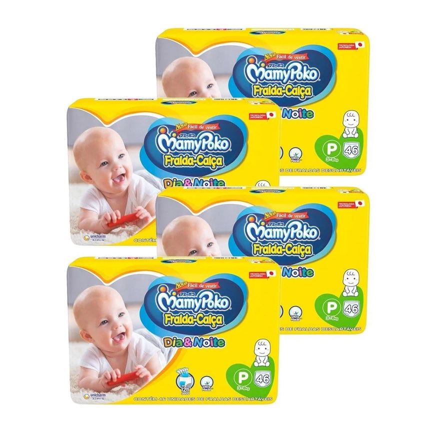 Fralda Descartável Mamypoko Calça Dia & Noite Jumbo Tamanho P - 4 Pacotes com 46 Fraldas - Total 184 Tiras