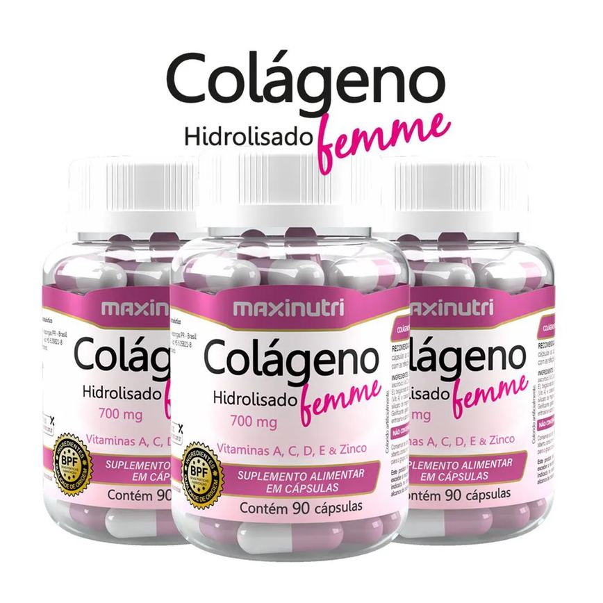 KIT 3 COLáGENO FEMME VITAMINAS A-C-D-E E ZINCO 90 CáPSULAS MAXINUTRI