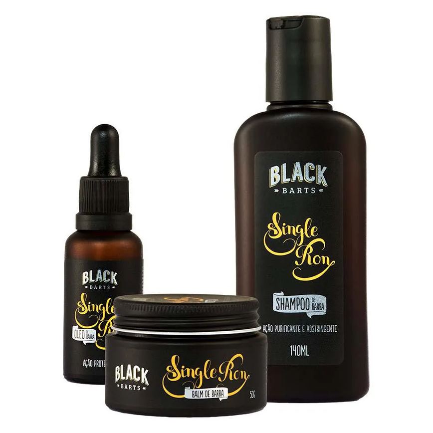 Kit Barba Balm em Cera + Shampoo + Óleo Hidratante Single Ron Black Barts