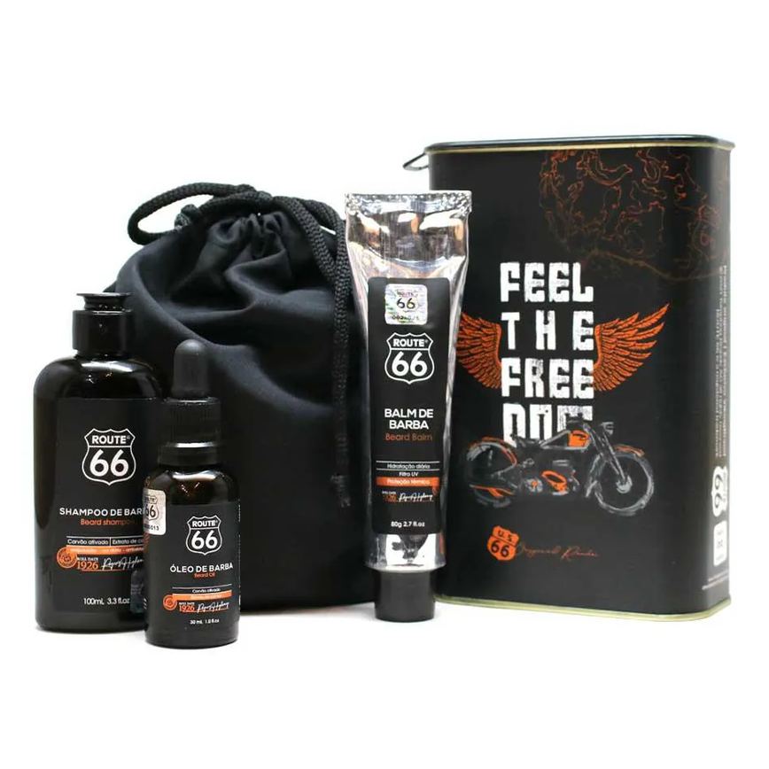 Kit Barba Route 66: Shampoo + Balm + Óleo + Bag + Lata Viking (consulte Estampa)
