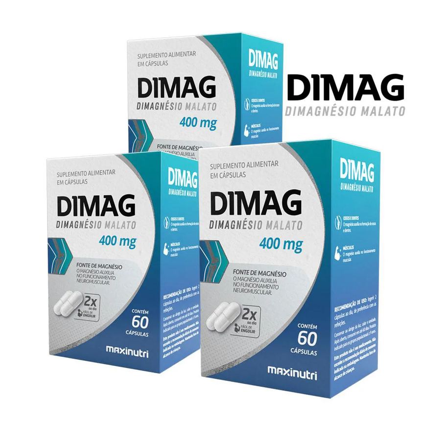 KIT 3 SUPLEMENTO MINERAL DIMAG DIMALATO DE MAGNéSIO 400MG 60 CáPS MAXINUTRI