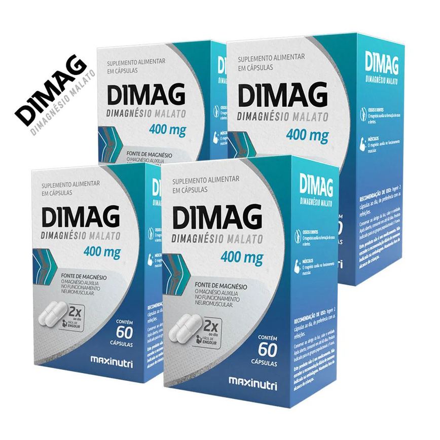 KIT 4 DIMAG DIMALATO DE MAGNéSIO 400MG 60 CáPSULAS MAXINUTRI