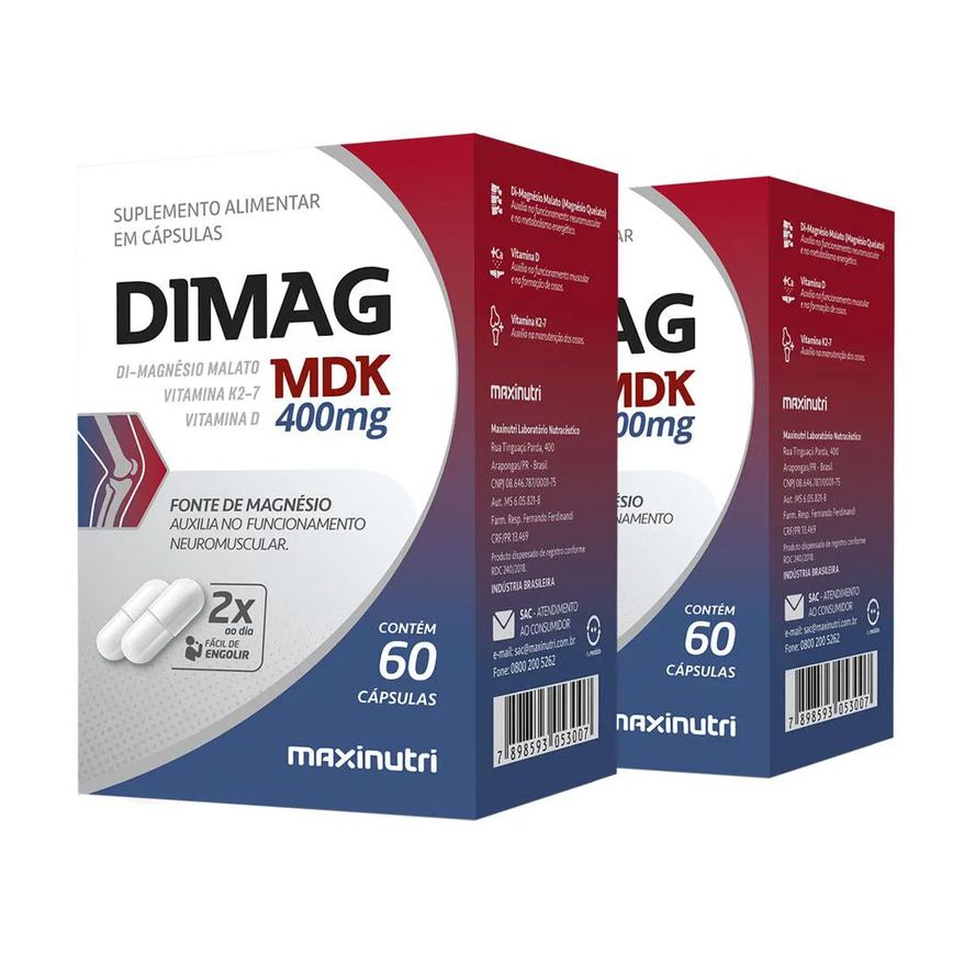 Kit 2 Dimag Mdk Di - Magnésio Malato com Vitamina D3 E K2 - 7 60 cápsulas Maxinutri