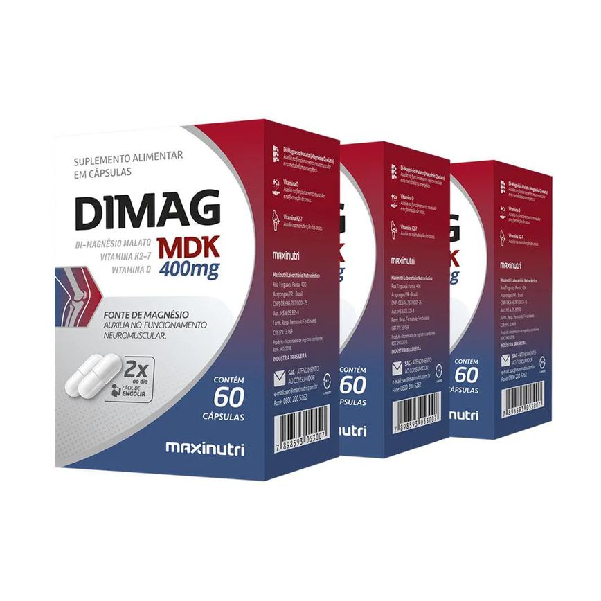 Kit 3 Dimag Mdk Di - Magnésio Malato com Vitamina D3 E K2 - 7 60 cápsulas Maxinutri