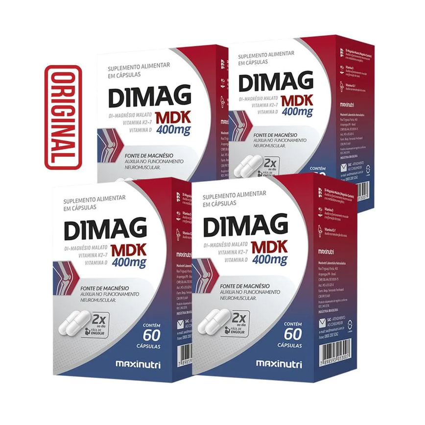 Kit 4 Dimag Mdk Di - Magnésio Malato Vitamina D3 E K2 - 7 60 cápsulas Maxinutri