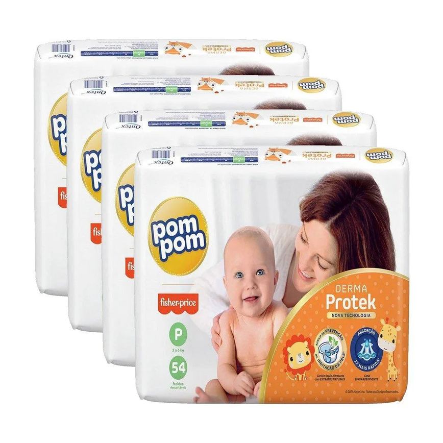 Fralda Descartável Pom Pom Derma Protek Mega Tamanho P - 4 Pacotes com 54 Fraldas - Total 216