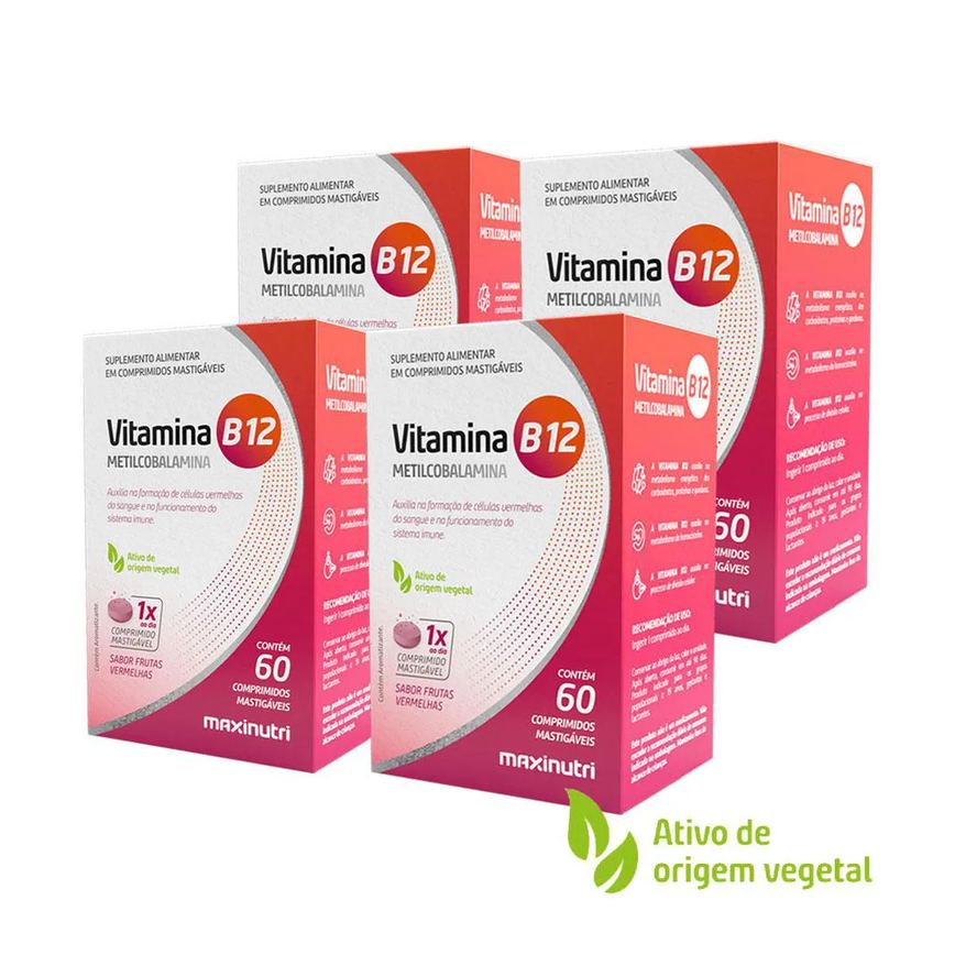 KIT 4 VITAMINA B-12 METILCOBALAMINA MASTIGáVEL 60 COMPRIMIDOS MAXINUTRI