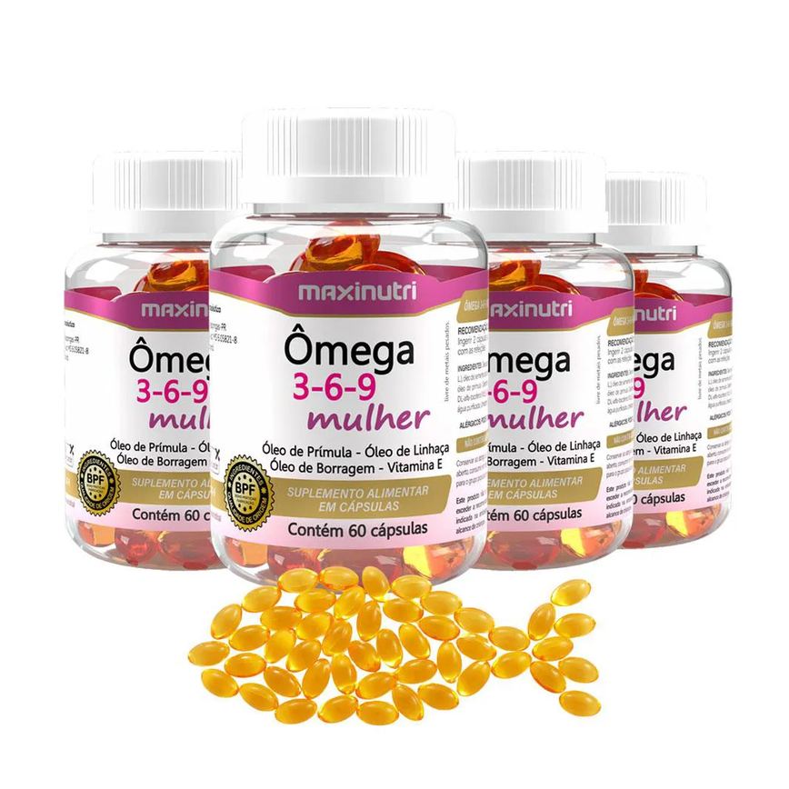 KIT 4 ÔMEGA 3-6-9 MULHER PRíMULA LINHAçA BORRAGEM 60 CáPS MAXINUTRI