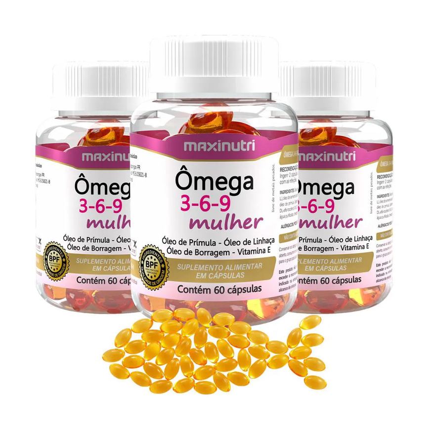 Kit 3 Ômega 3 - 6 - 9 Mulher Prímula Linhaça Borragem 60 cápsulas Maxinutri