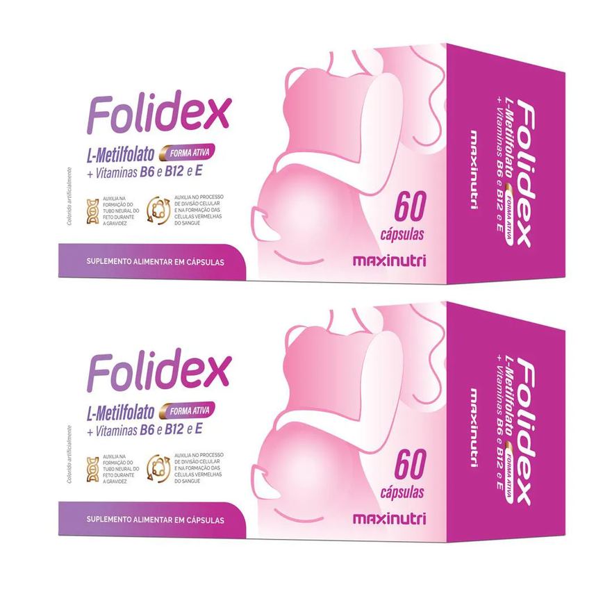 KIT 2 FOLIDEX L-METILFOLATO DE CáLCIO VITAMINAS B6-B12-E 60 CáPS MAXINUTRI