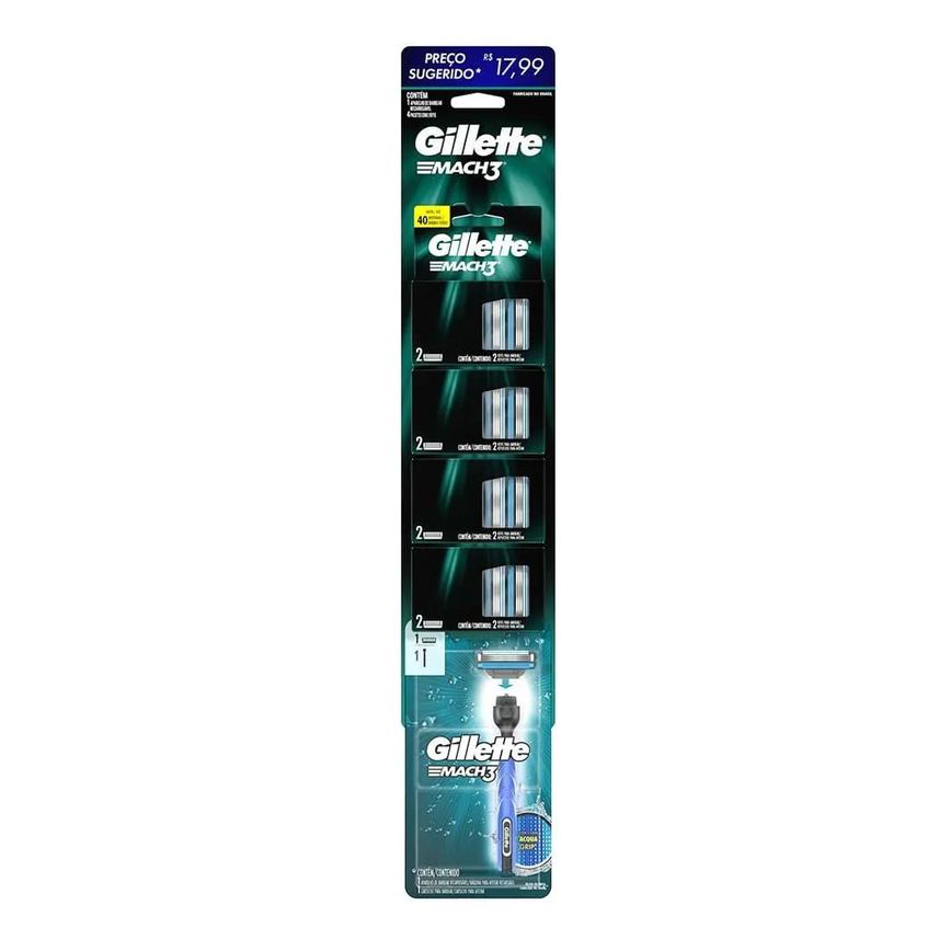 Carga Gillete Mach3 4 Embalagens com 2 unidades + 1 Aparelho Gillete Mach3 Acqua Grip