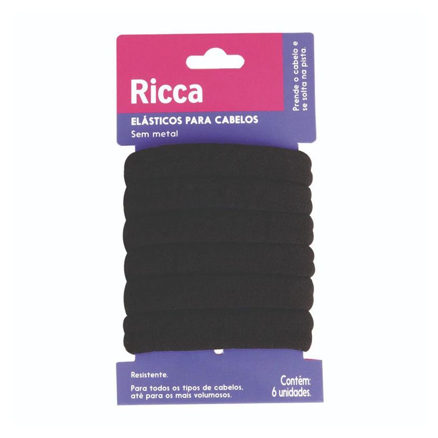 Elástico para Cabelo Ricca Grosso Sem Metal Preto 6 unidades