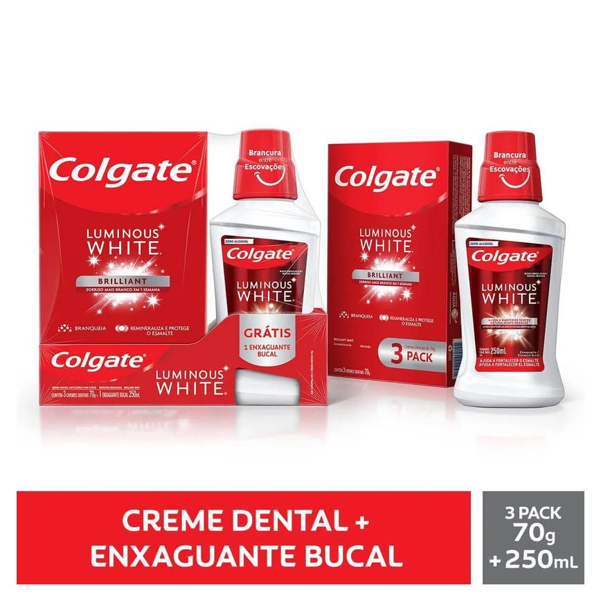 Kit Colgate Luminous White Brilliant Creme Dental 70g 3 unidades + Enxaguante Bucal 250ml