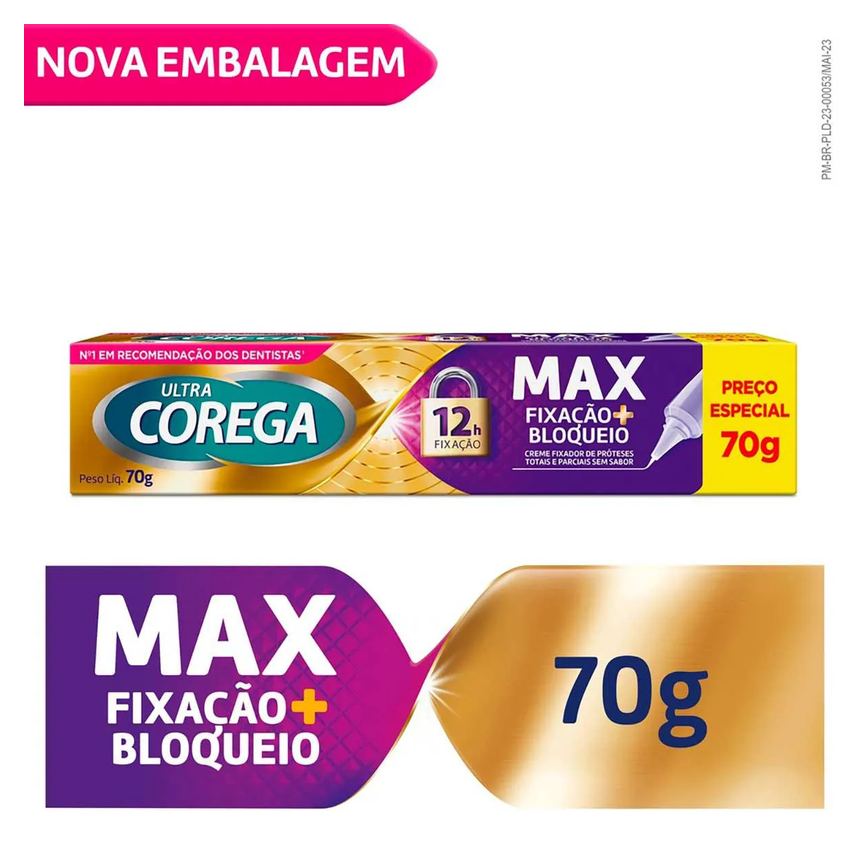 Creme Fixador de Dentadura Ultra Corega Max Fixação + Bloqueio Sem Sabor 70g