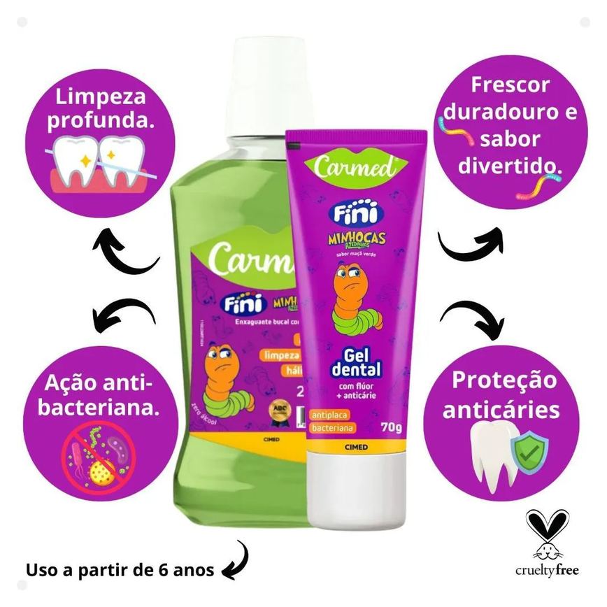 Kit Carmed Fini Minhocas Azedinhas: Gel Dental 70g e Enxaguante Bucal 250ml