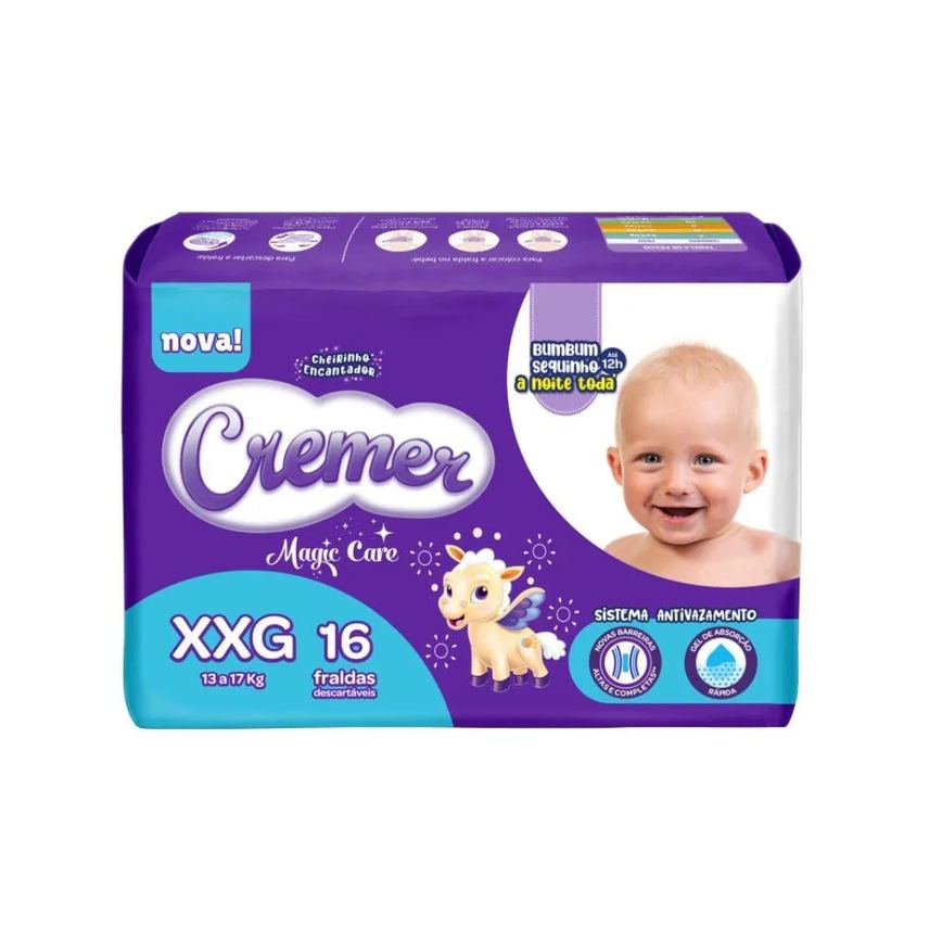 Fralda Descartável Cremer Jumbo Tamanho Xxg - 8 Pacotes com 16 Fraldas - Total 128 Tiras