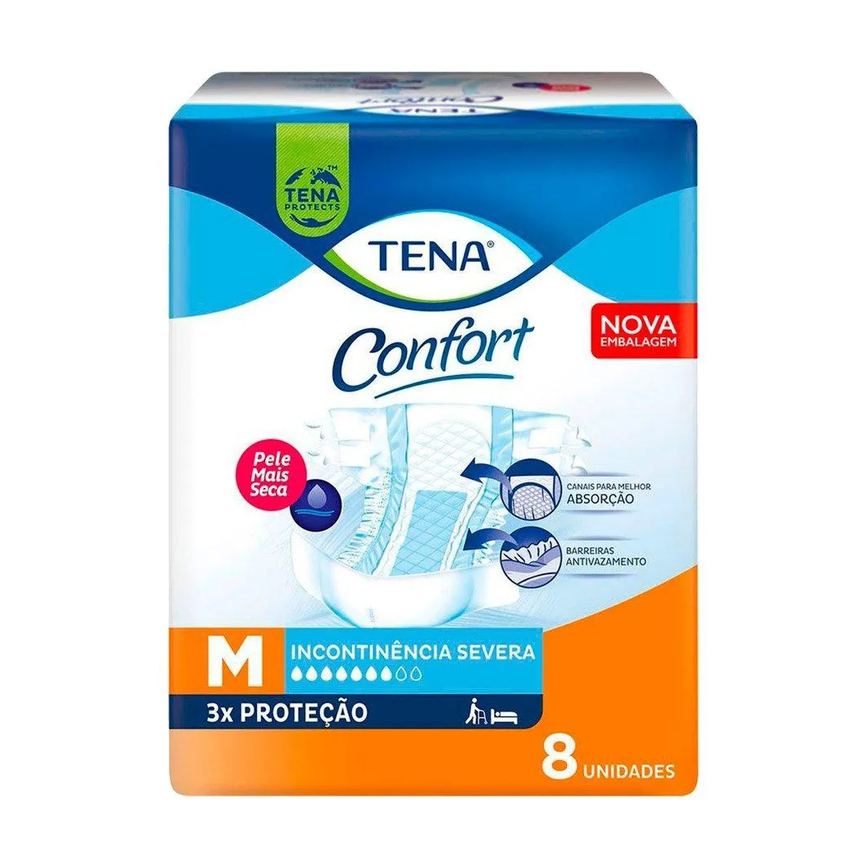 Fralda Geriátrica Tena Confort Tamanho M - 9 Pacotes com 8 Fraldas - Total 72 Tiras
