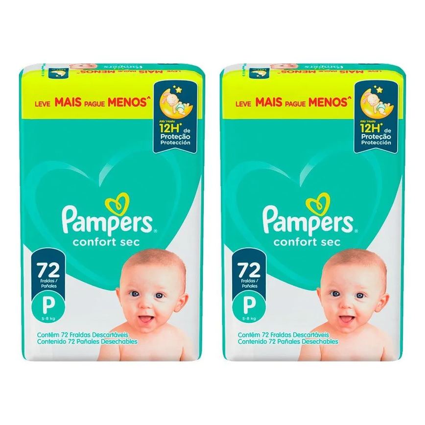 Fralda Descartável Pampers Confort Sec Tamanho P - 2 Pacotes com 72 Fraldas - Total 144 Tiras