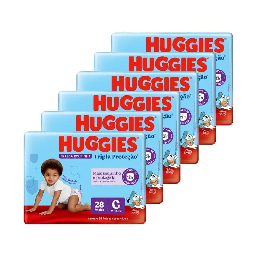 Fralda Descartável Huggies Tripla Proteção - Roupinha Tamanho G, 6 Pacotes com 28 Fraldas - Total 168 Tiras