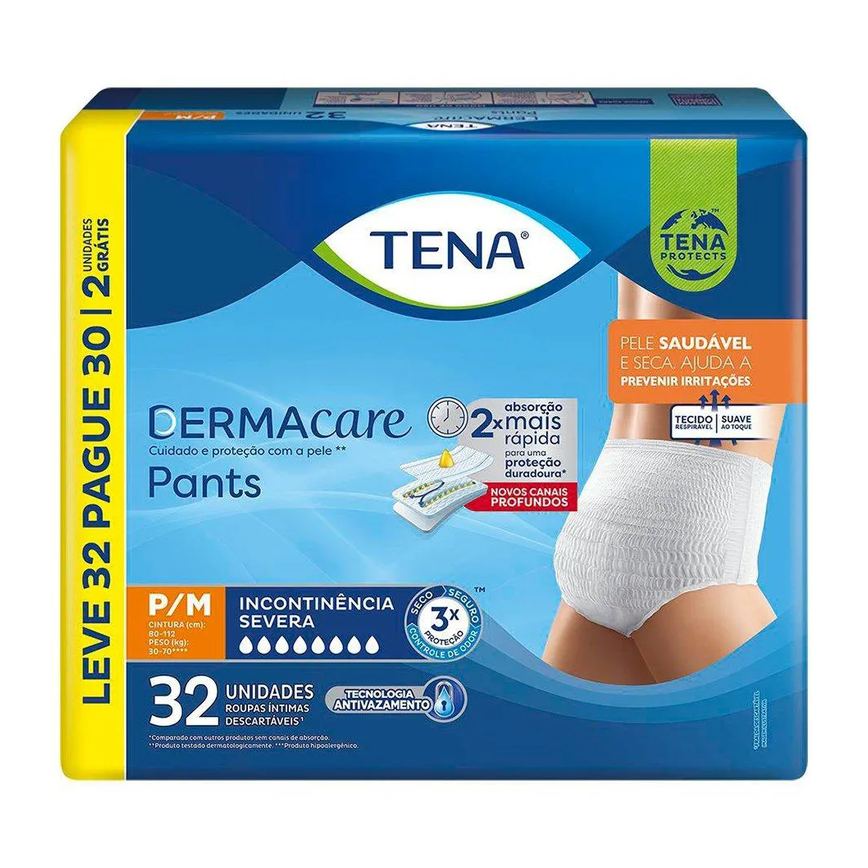Fralda Descartável Adulto Tena Pants Dermacare Tamanho P/m - 3 Pacotes com 32 Fraldas - Total 96 Tiras (leve 32 Pague 30)
