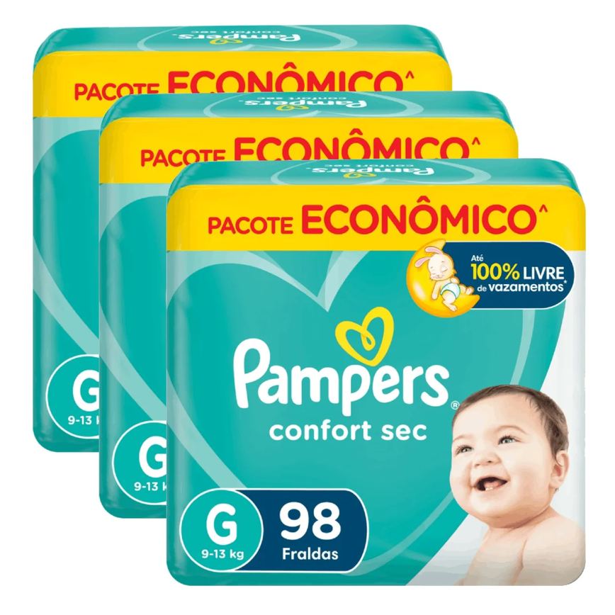 Kit 3 Fraldas Pampers Confort Sec G 98 unidades cada