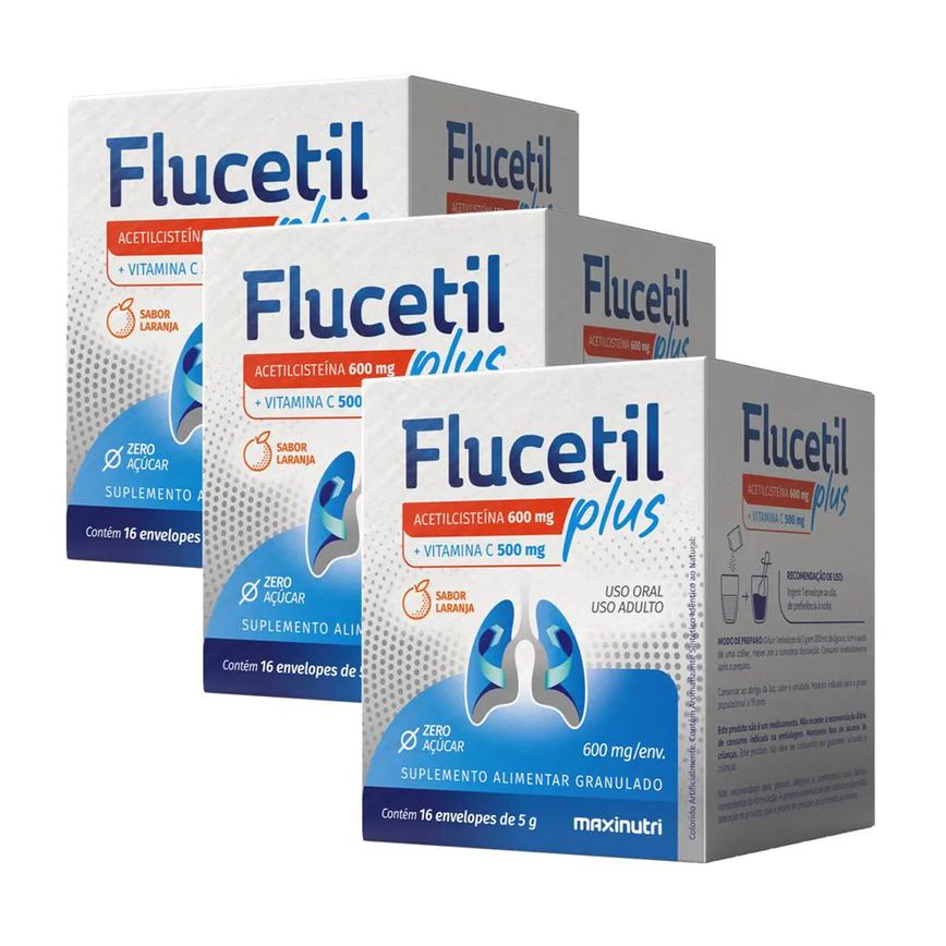 Kit 3 Flucetil Plus + Vit C 500mg Sachê Granulado 16x5g Maxinutri