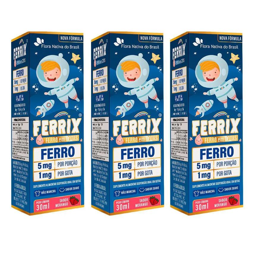 Kit 3x Ferrix (ferro Infantil) 30ml - Flora Nativa Morango