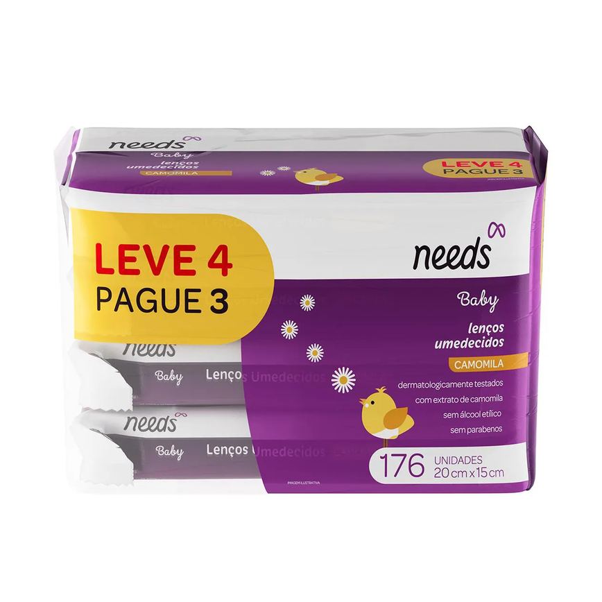Kit Lenço Umedecido Needs Baby Camomila 4 pacotes com 44 unidades cada