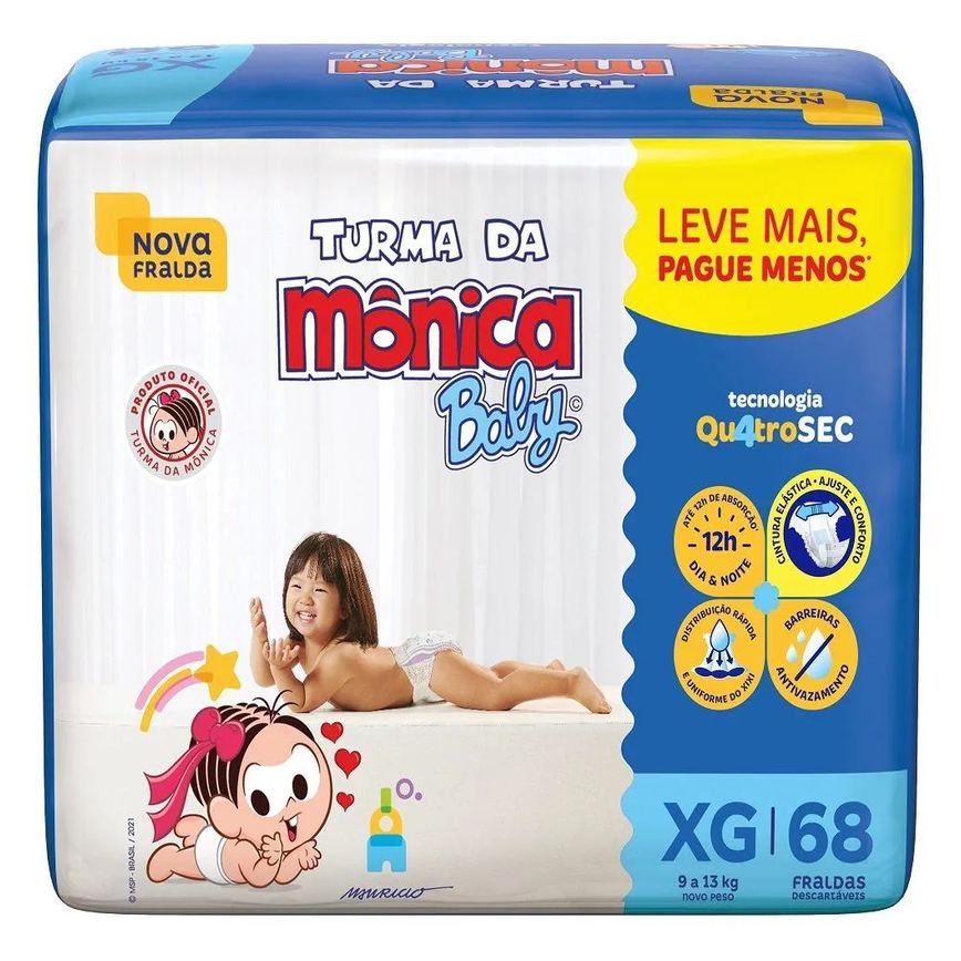 Fralda Descartável Turma da Mônica Giga Extra Grande 4 Pacotes C/ 68 Fraldas