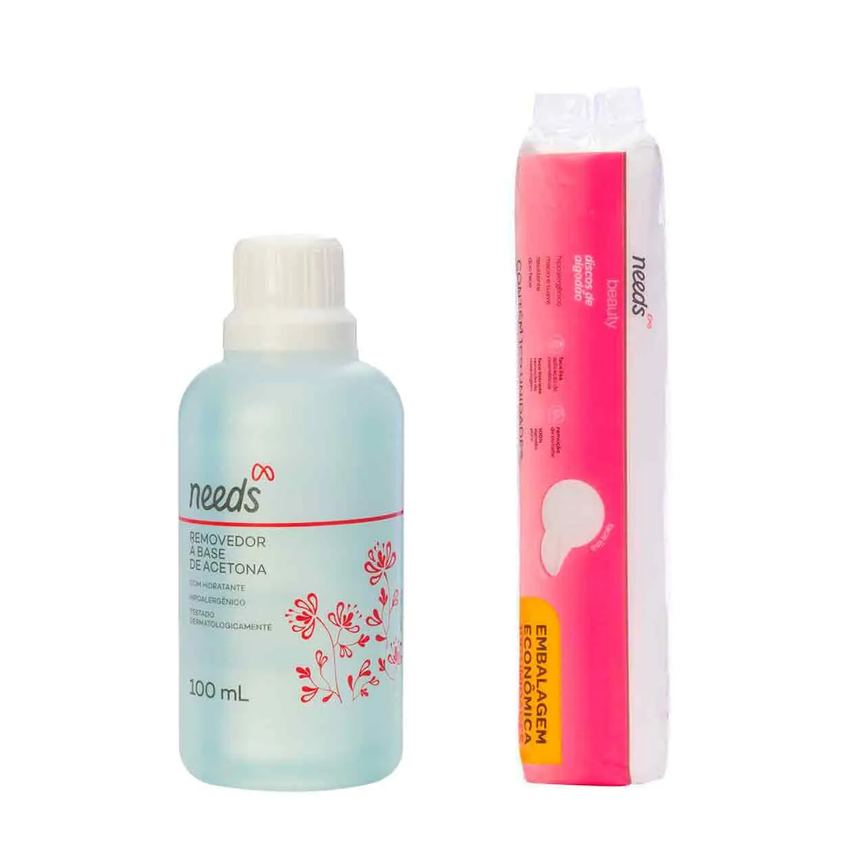 Kit Needs Beauty Removedor de Esmalte com Acetona 100ml + Algodão Disco 100 Unidades