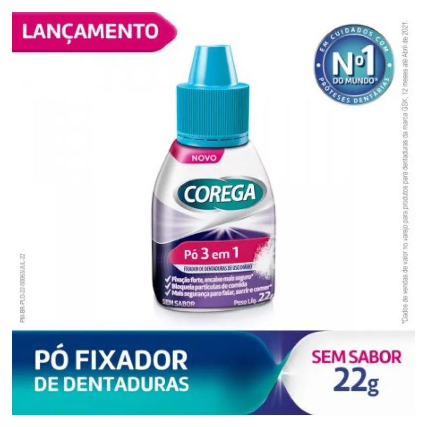 Pó Fixador de Dentadura Corega 3 em 1 sem Sabor 22g