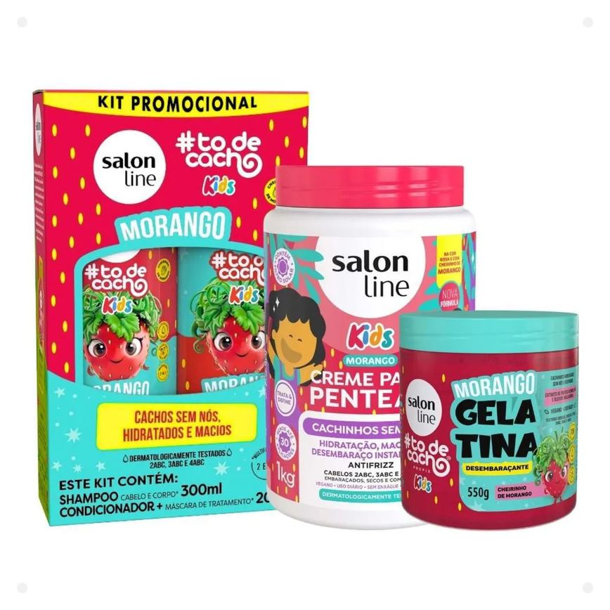 Kit Salon Line Kids: Shampoo e Condicionador + Creme para Pentear 1kg e Gelatina Desembaraçante Morango