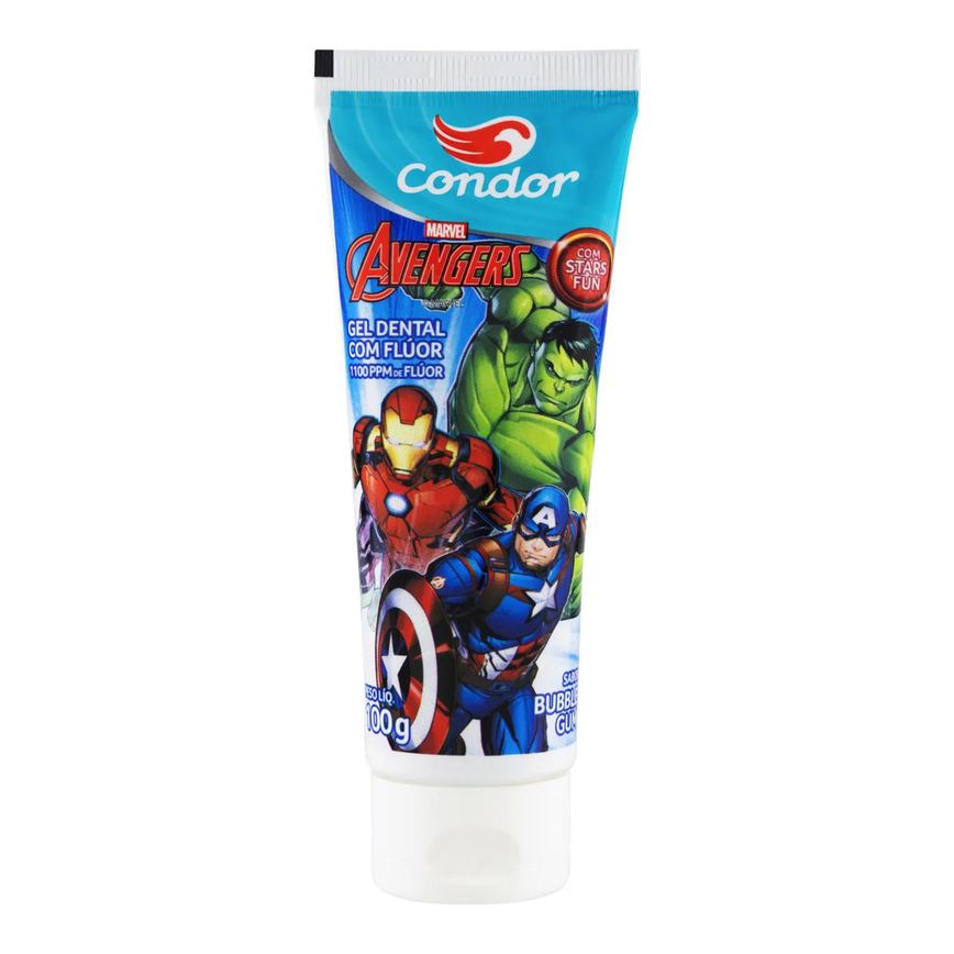 Gel Dental Infantil com Flúor Bubble Gum com Stars Fun Avengers Condor Bisnaga 100g