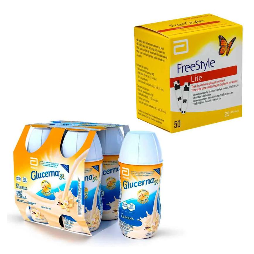Kit Suplemento Alimentar Glucerna SR Baunilha 4 unidades com 200ml cada + Tiras de Teste para Glicose Freestyle Lite 50 unidades